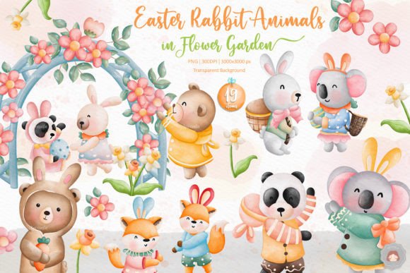 Easter Rabbit Animal in Flower Garden: A Watercolor Design Asset